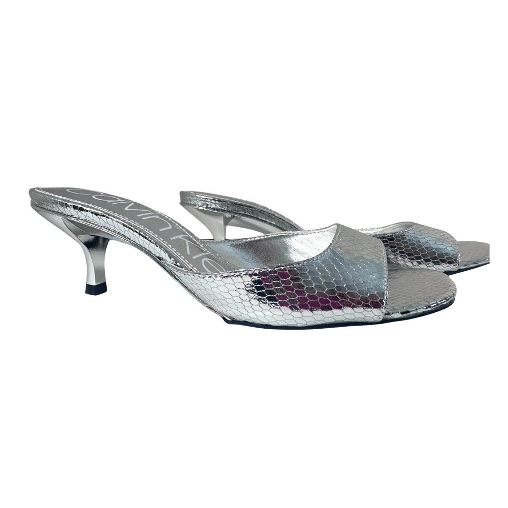 Calvin Klein Silver Glitter Kitten Heel Slide Sandals 5M NIB Glam Party Y2K - Picture 9 of 9